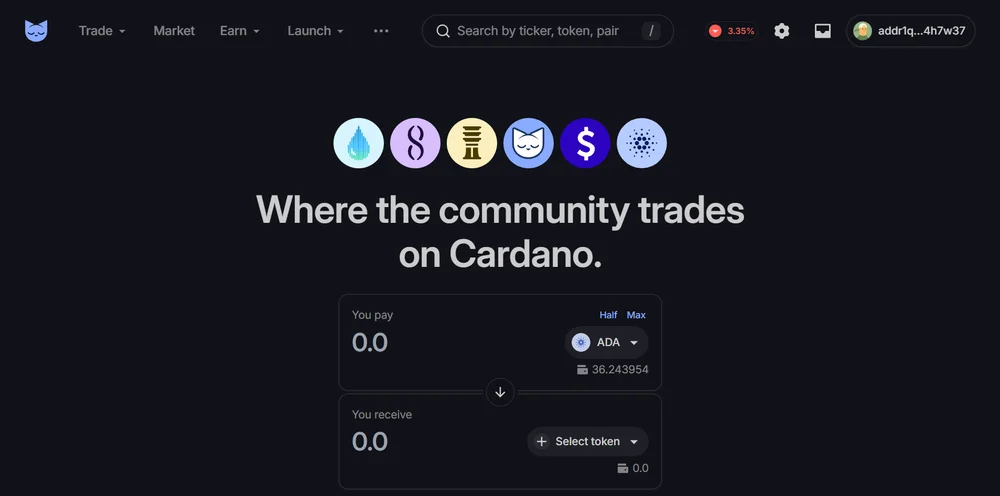 Minswap DEX trading interface on Cardano